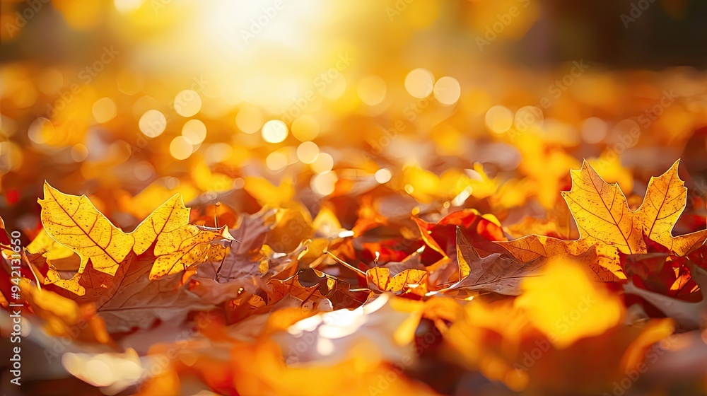 A vibrant display of golden autumn leaves scattered on the ground, illuminated by soft sunlight, creating a warm, inviting atmosphere. A vibrant display of golden autumn leaves scattered on the ground, illuminated by soft sunlight, creating a warm, inviting atmosphere.