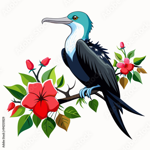 frigatebird Vector glossy Style with A flower Tree Branch on a White Background.
