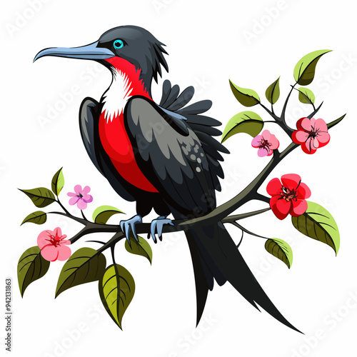 frigatebird Vector glossy Style with A flower Tree Branch on a White Background.
 photo