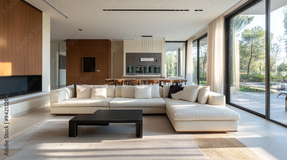 Modern open-concept living area with large windows showcasing greenery and natural light during the day Modern open-concept living area with large windows showcasing greenery and natural light during the day
