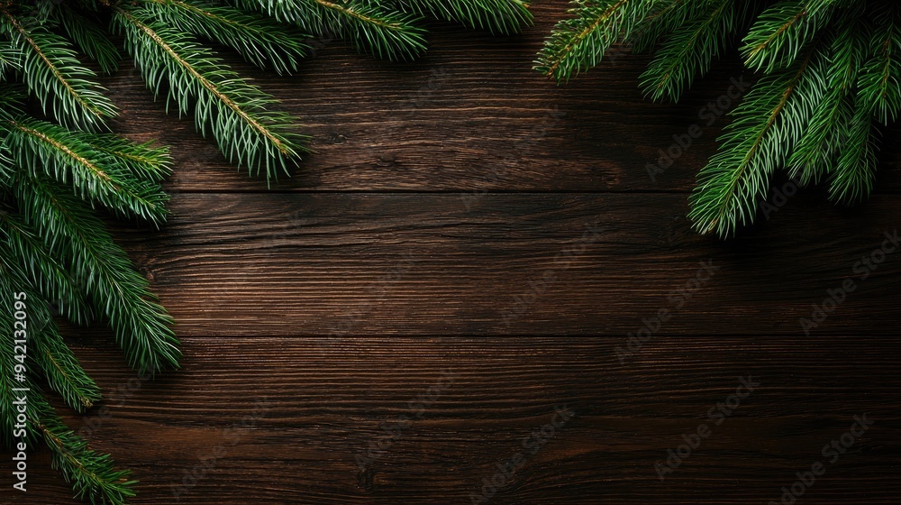 Lush green pine branches frame a rustic wooden background, perfect for holiday themes and natural design. Lush green pine branches frame a rustic wooden background, perfect for holiday themes and natural design.