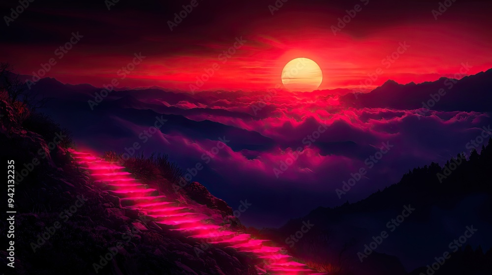 Fototapeta premium Stunning sunset over a mountain range, featuring vibrant red skies and a captivating path through fluffy clouds.