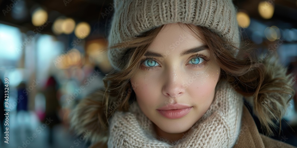 A close-up portrait of a woman with striking blue eyes, wearing a knitted hat and scarf, standing in an outdoor setting with a festive background A close-up portrait of a woman with striking blue eyes, wearing a knitted hat and scarf, standing in an outdoor setting with a festive background