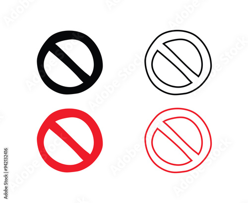 Doodle prohibition signs Set hand drawn style. Flat drawing isolated prohibition sign icons, red and black signs collection. Crossed out circles.