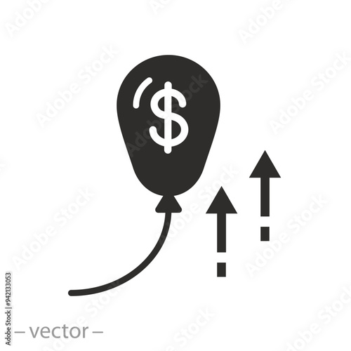 fly cash icon, inflation concept, financial boom growth or cost, devaluation, balloon with money, flat vector illustration