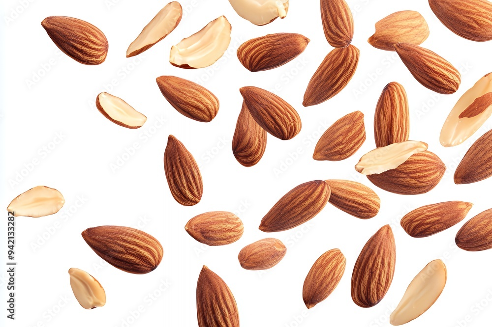 A collection of almonds scattered against a white background. A collection of almonds scattered against a white background.