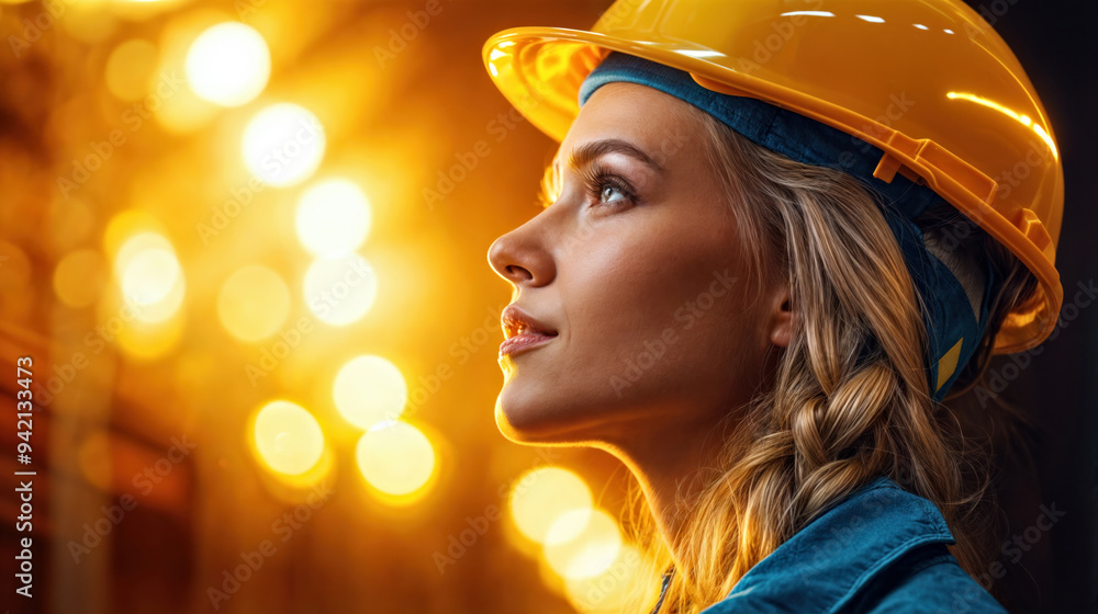 Confident Female Engineer in Hard Hat at Construction Site with Bright Lights Confident Female Engineer in Hard Hat at Construction Site with Bright Lights