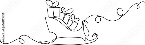 Santa sleigh with boxes of presents. Continuous one line drawing.