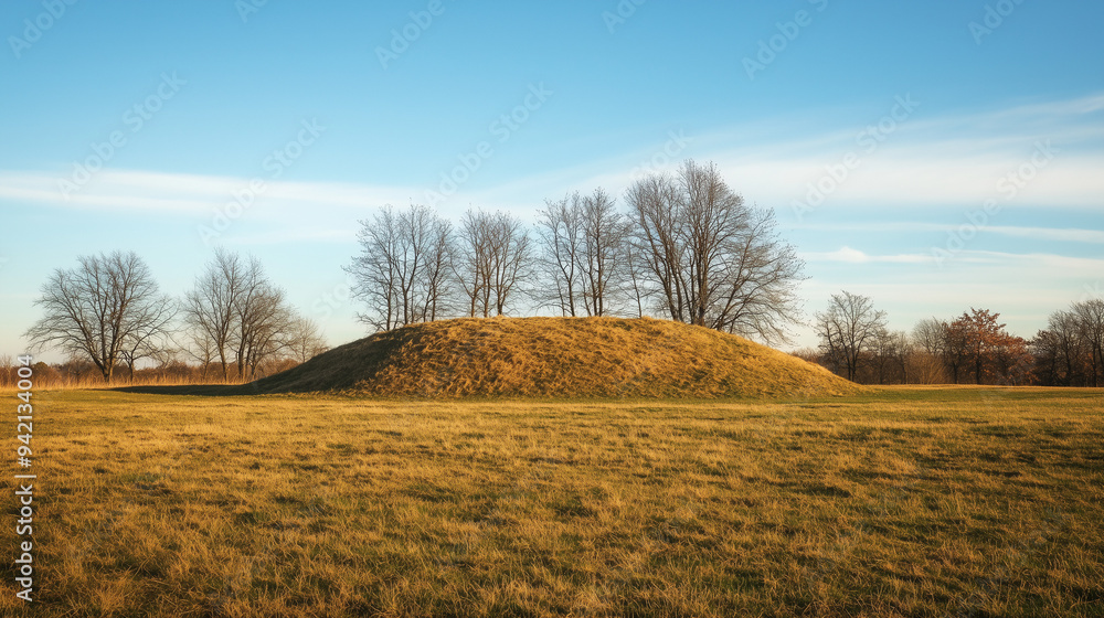 Naklejka premium Malownicza sceneria przedstawia trawiasty pagórek, delikatnie wynurzający się z płaskiego terenu pod rozległym, jasnym niebem. 