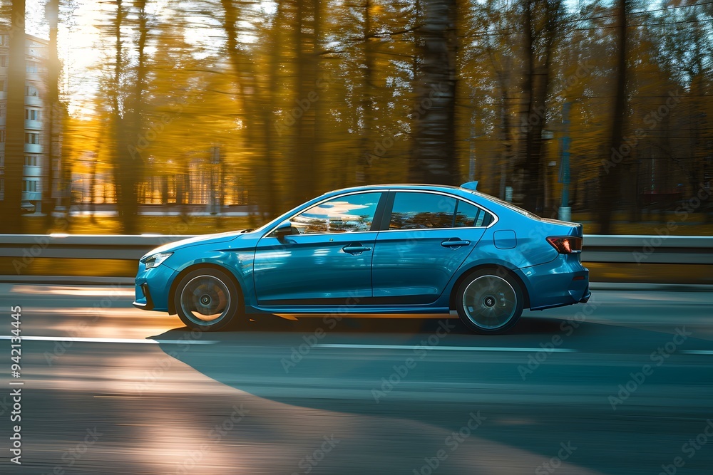 Fototapeta premium Dynamic Blue Sedan in Motion Amidst Autumn Trees