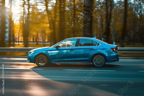Dynamic Blue Sedan in Motion Amidst Autumn Trees
