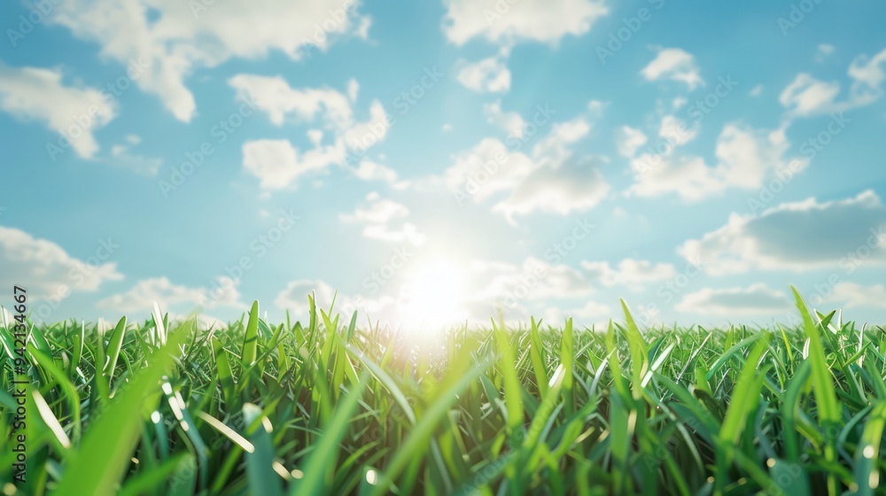 Fototapeta premium Green Grass Field Under a Blue Sky