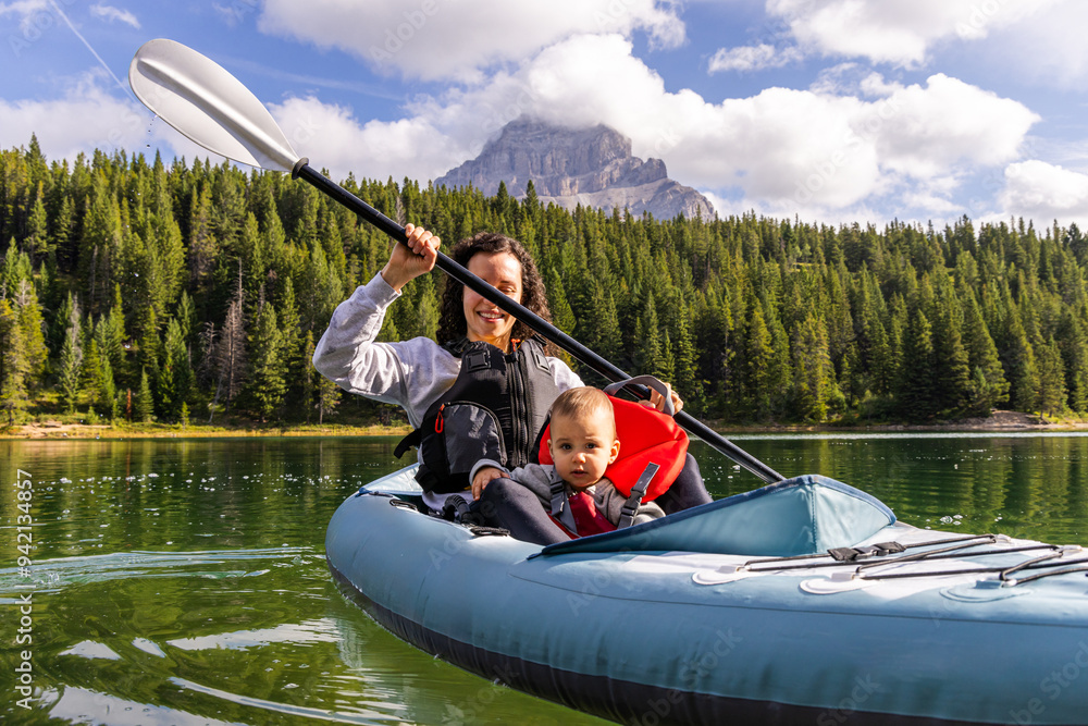 Mother and Child Kayaking on Chinook Lake in Alberta, Canada Mother and Child Kayaking on Chinook Lake in Alberta, Canada