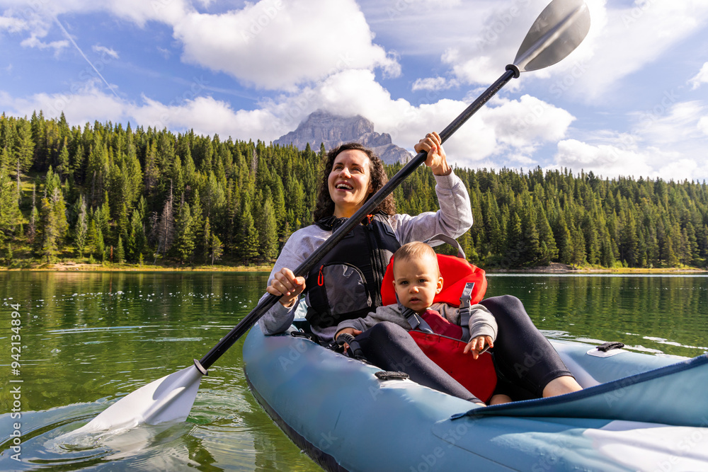 Mother and Child Kayaking on Chinook Lake in Alberta, Canada Mother and Child Kayaking on Chinook Lake in Alberta, Canada