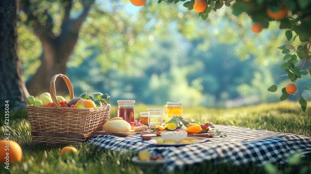 A picnic basket with a variety of food items is spread out on a checkered blanket under a tree with oranges and other fruit on a sunny day. A picnic basket with a variety of food items is spread out on a checkered blanket under a tree with oranges and other fruit on a sunny day.