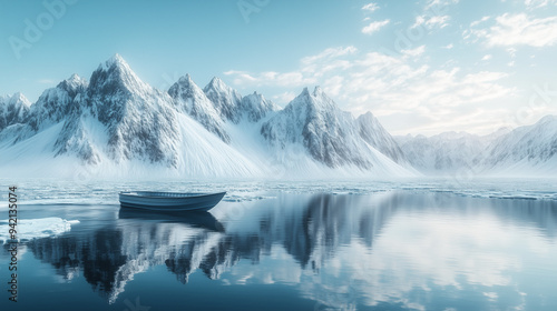 Wallpaper Mural Malowniczy pejzaż ukazuje łódź sunącą po lustrzanej tafli wody, wypełnionej lodowymi fragmentami. W oddali górują imponujące, pokryte śniegiem szczyty górskie. Torontodigital.ca