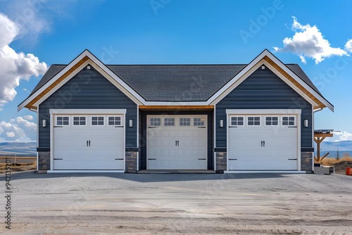 Modern Three-Car Garage with Stylish Design and Scenic Background