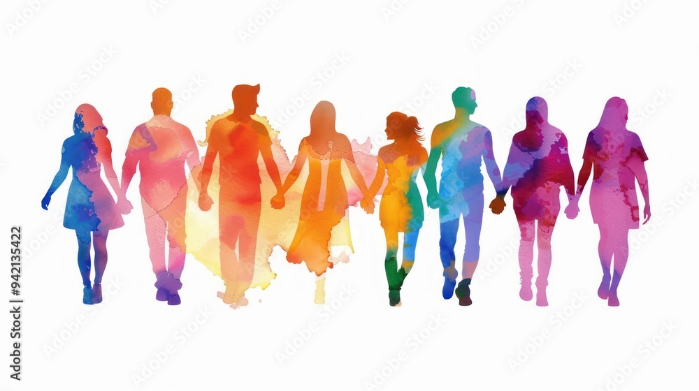 Silhouettes of People Holding Hands in a Watercolor Style Silhouettes of People Holding Hands in a Watercolor Style