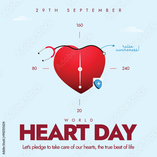 World Heart Day. 29th September Heart day celebration banner, post design with heart icon, stethoscope on it, bp measurements. The day is celebrated to raise awareness about cardiovascular diseases. 