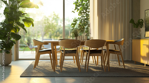 Modern dining area with wooden chairs and a round table in a sunlit room surrounded by greenery in the late afternoon