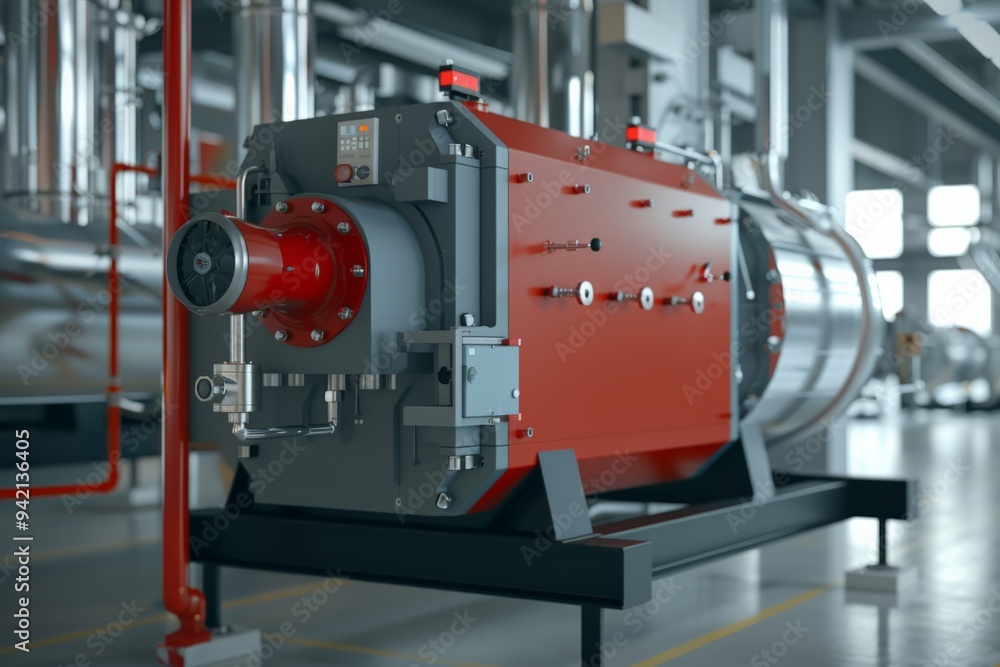 Industrial boiler with red casing in modern factory workshop, metal pipes surrounding equipment, engineering and maintenance scene, industrial design concept Industrial boiler with red casing in modern factory workshop, metal pipes surrounding equipment, engineering and maintenance scene, industrial design concept