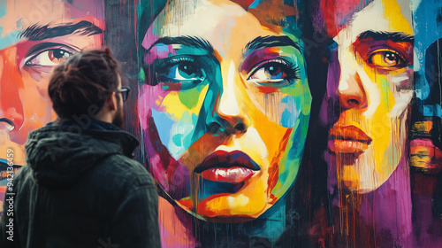 Wallpaper Mural Osoba wpatruje się w żywy mural uliczny, przedstawiający kolorowe ludzkie twarze, podkreślający przenikanie się sztuki i życia miejskiego w wyrazistej kompozycji. Torontodigital.ca