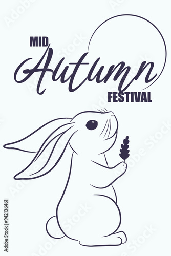 Mid autumn festival card with line rabbit. Minimalistic background