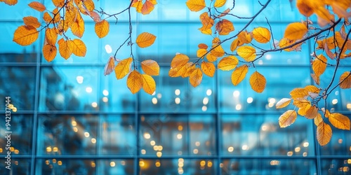 Bright yellow autumn leaves in sharp focus with a blurred modern glass building background that has blue hues and twinkling lights