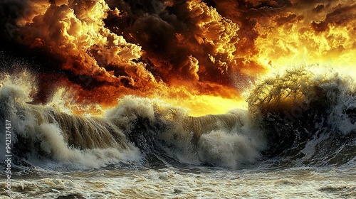   A massive wave in an ocean painting emanates a considerable amount of orange smoke from its top