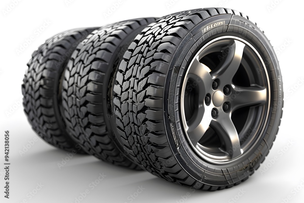 Fototapeta premium A Set of Three Stylish All-Terrain Tires with Alloy Rims