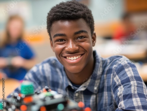A smiling teenager in a classroom, engaged in a hands-on learning experience with educational materials.