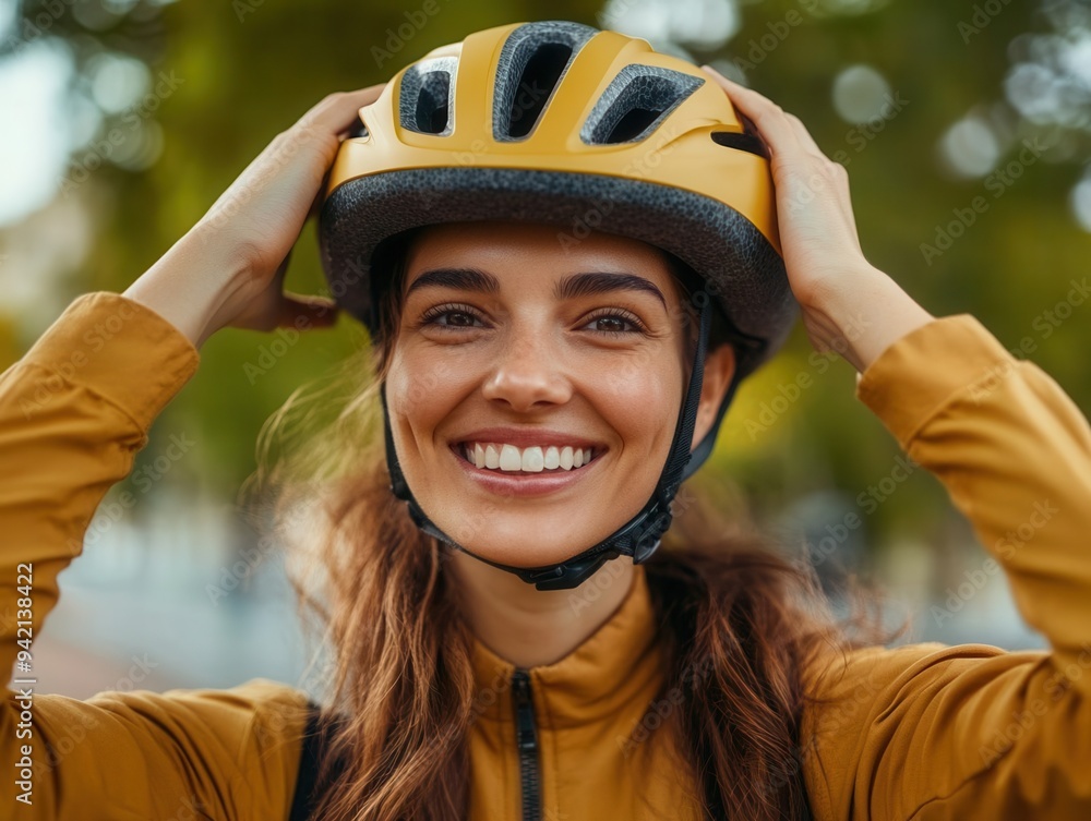 Closeup of a smiling woman adjusting her helmet before a bike ride, prepared for outdoor cycling Closeup of a smiling woman adjusting her helmet before a bike ride, prepared for outdoor cycling