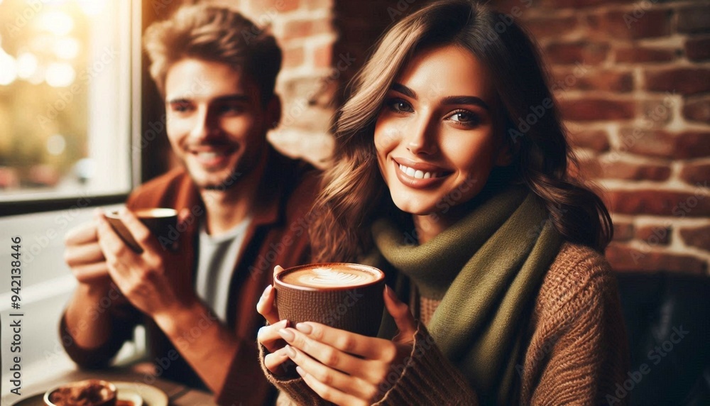 A young couple enjoys hot drinks in a cafe with autumnal decor. The atmosphere is cozy and relaxed A young couple enjoys hot drinks in a cafe with autumnal decor. The atmosphere is cozy and relaxed