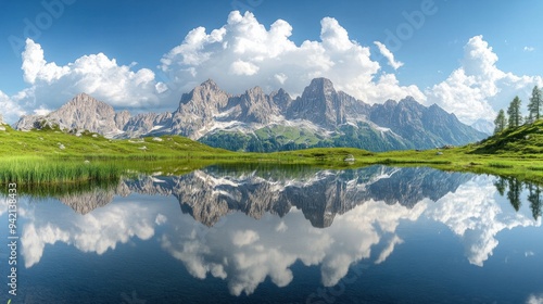 High-resolution stitched panorama of a stunning summertime alpine scene near Going, Wilder Kaiser, Tyrol, Austria, featuring reflections in a lake. photo