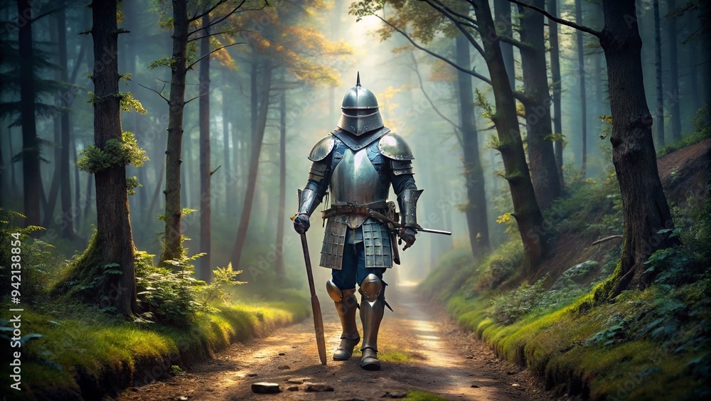 Armored Knight in Forest Path During Misty Morning. Armored Knight in Forest Path During Misty Morning.