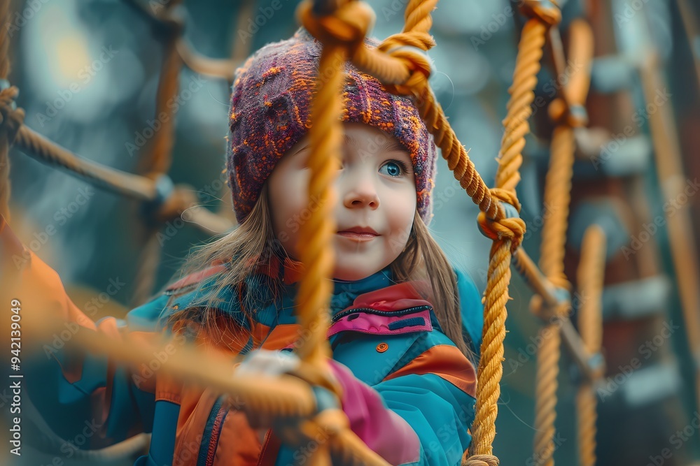Joyful Child Exploring a Play Structure in a Colorful Winter Outfit Joyful Child Exploring a Play Structure in a Colorful Winter Outfit