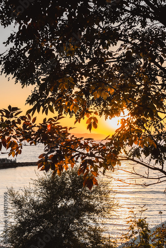 Warm and cozy autumn sunset on the high seashore. Feelings of calm, happiness, measuredness. photo