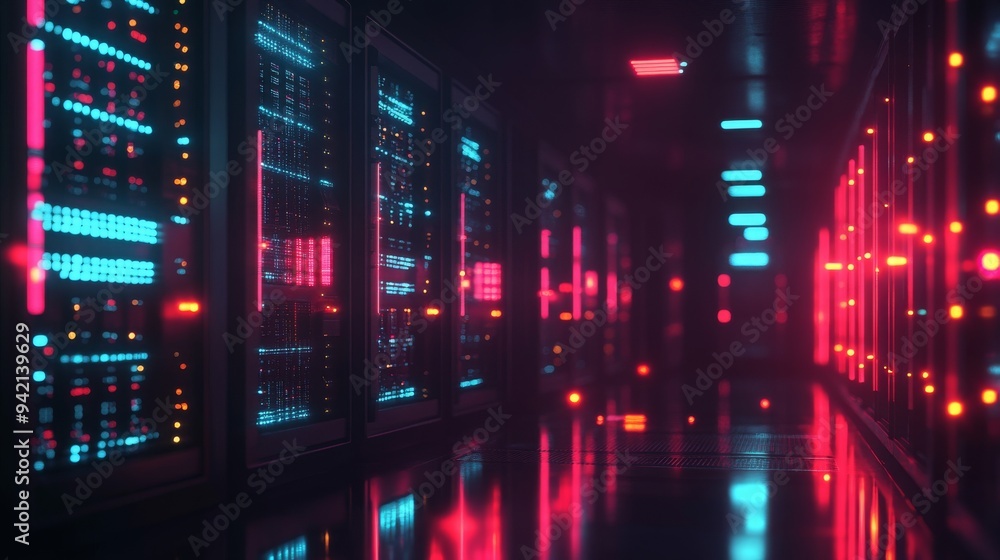 AI data centers, neon lights, 16:9 AI data centers, neon lights, 16:9