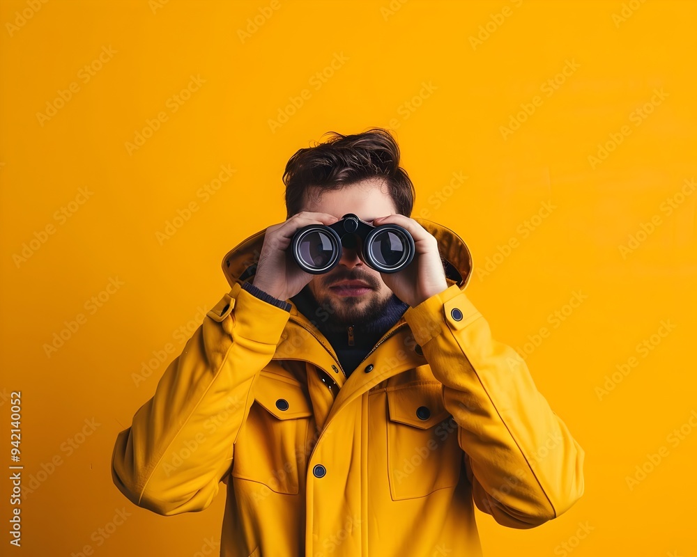 Exploring Outdoors Enthusiast Yellow Jacket Binoculars Adventure Discovery. AI Generated Exploring Outdoors Enthusiast Yellow Jacket Binoculars Adventure Discovery. AI Generated