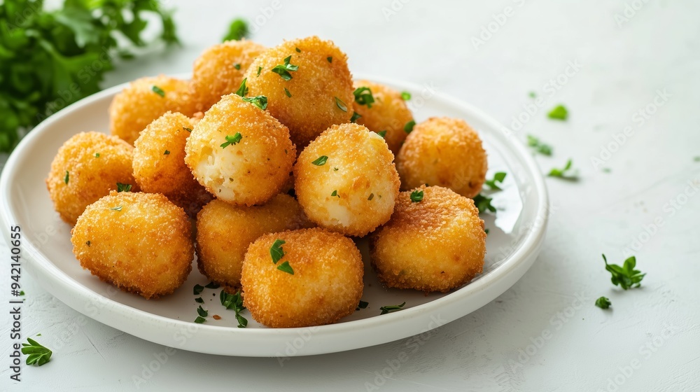 Golden croquettes on a white plate, garnished with herbs, evoke elegance for any gathering. Golden croquettes on a white plate, garnished with herbs, evoke elegance for any gathering.