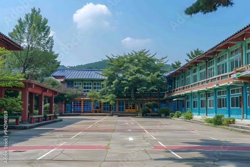 Tranquil School Courtyard Surrounded by Colorful Buildings and Lush Greenery