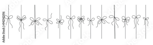 Gift ribbon Black line set, isolated. Thin bow for gift box decoration vector doodle illustration.