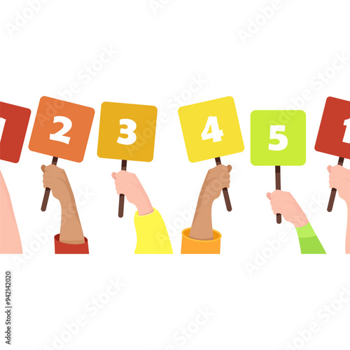 Seamless border of multi-colored signs with numbers 1-5, which are held by female hands of different skin colors