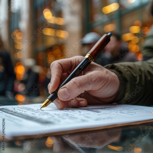 Close-up of a person signing an important document with a fountain pen in a bustling indoor setting with blurred, warm lighting background photo