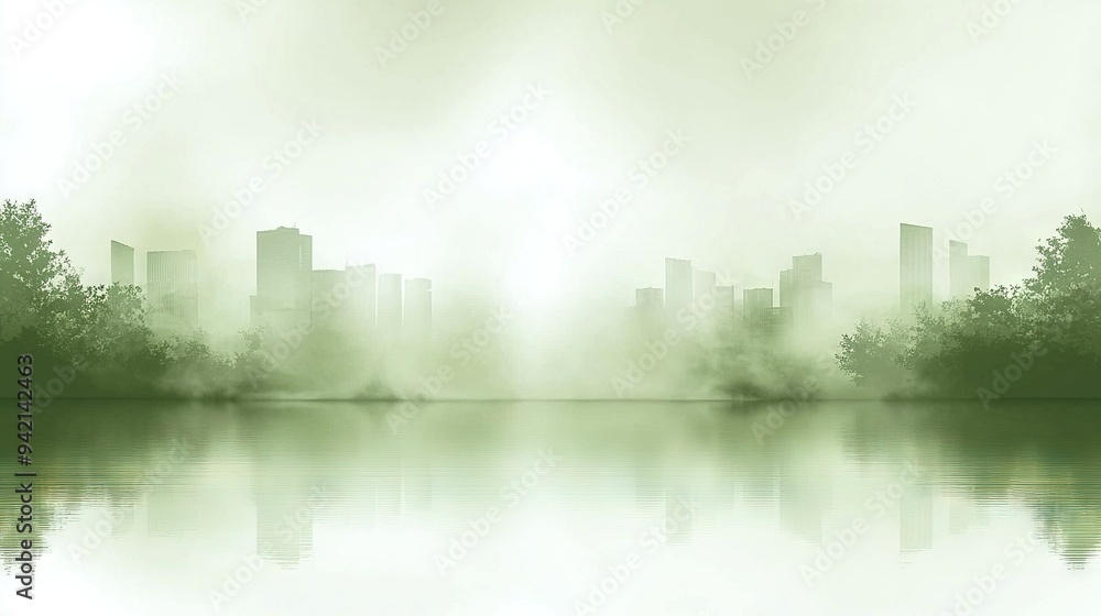 Obraz premium A vast expanse of water features lush foliage in the foreground and an urban landscape in the backdrop, shrouded in mist