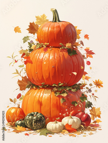 A stack of pumpkins in autumn foliage. Halloween concept. photo