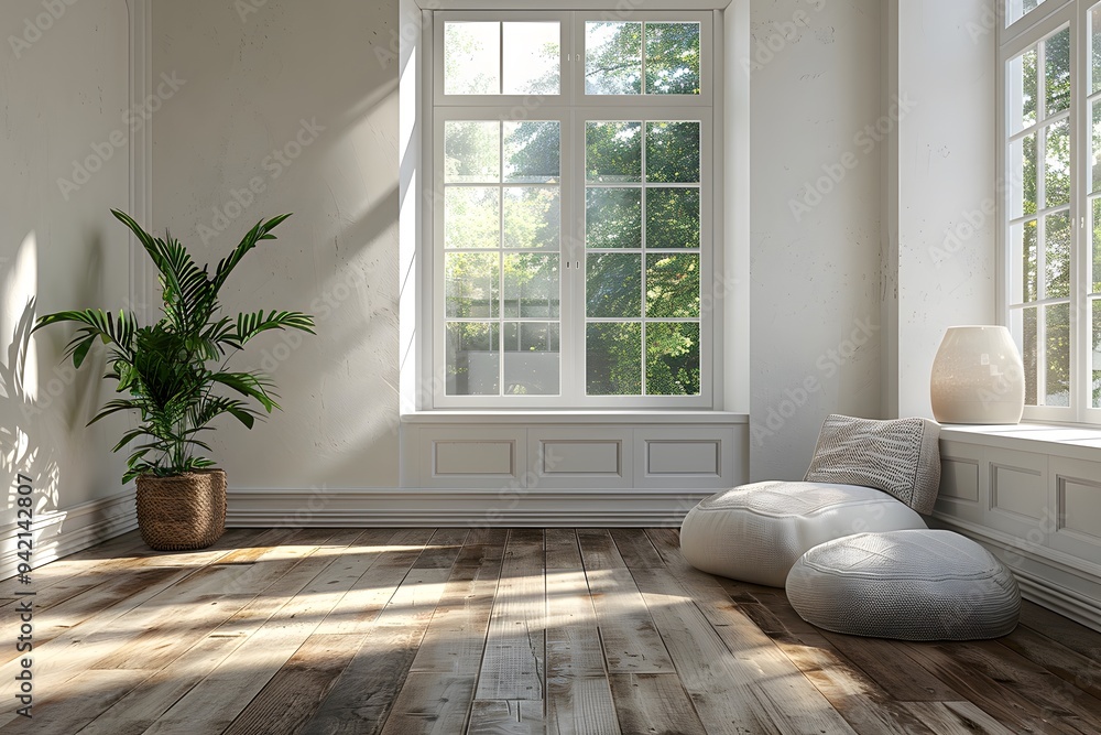 Serene Sunlit Room with Natural Elements and Cozy Seating Serene Sunlit Room with Natural Elements and Cozy Seating