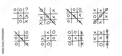 Hand drawn tic tac toe game, doodle X-O children game. Noughts and win. Play tictactoe draw.