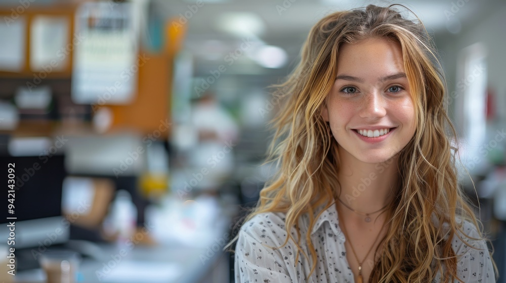A young woman with long wavy hair and a radiant smile stands in an office setting, creating a sense of professionalism and warmth in the workplace A young woman with long wavy hair and a radiant smile stands in an office setting, creating a sense of professionalism and warmth in the workplace
