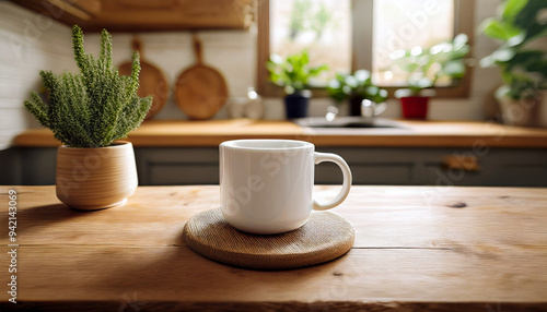 A plain white coffee mug featuring a matte finish, elegantly positioned on a rustic wooden table, showcasing the natural grain and texture of the wood, creating a cozy and inviting atmosphere